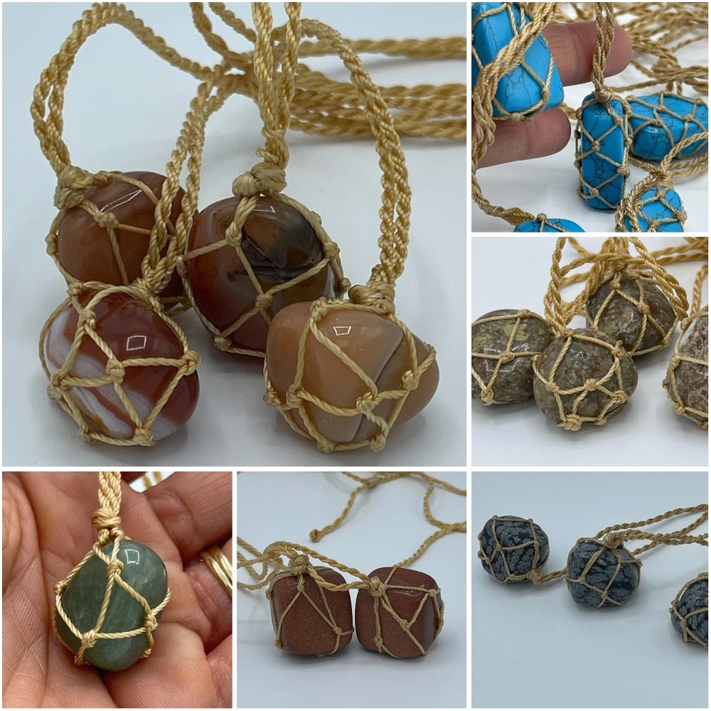 Unique Natural Stone Net Necklace, Healing Stones, Smooth Nylon Cord
